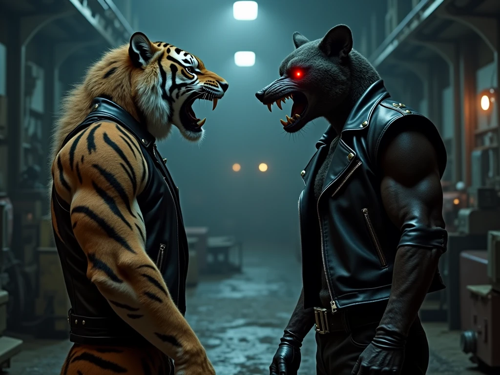 King, um lutador de luta livre profissional de tigre, Dressed in a jaguar mask and a black leather jacket. He's standing in a wrestling arena., pronto para o combate --auto