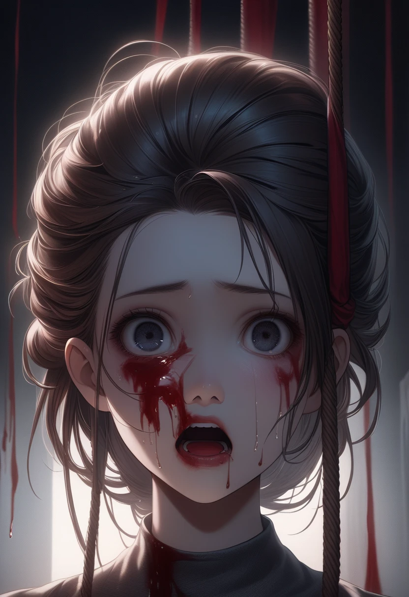 face close up, black background, (small glow on face) (masterpiece:1.2, best quality), (finely detailed beautiful eyes: 1.2), (dark fantasy), (beautiful detailed face), high contrast, (1 girl, solo, crying blood, brown hair, ponytail, sharp face, dynamic angle), (blood splatter:1.4), crying blood, cry blood