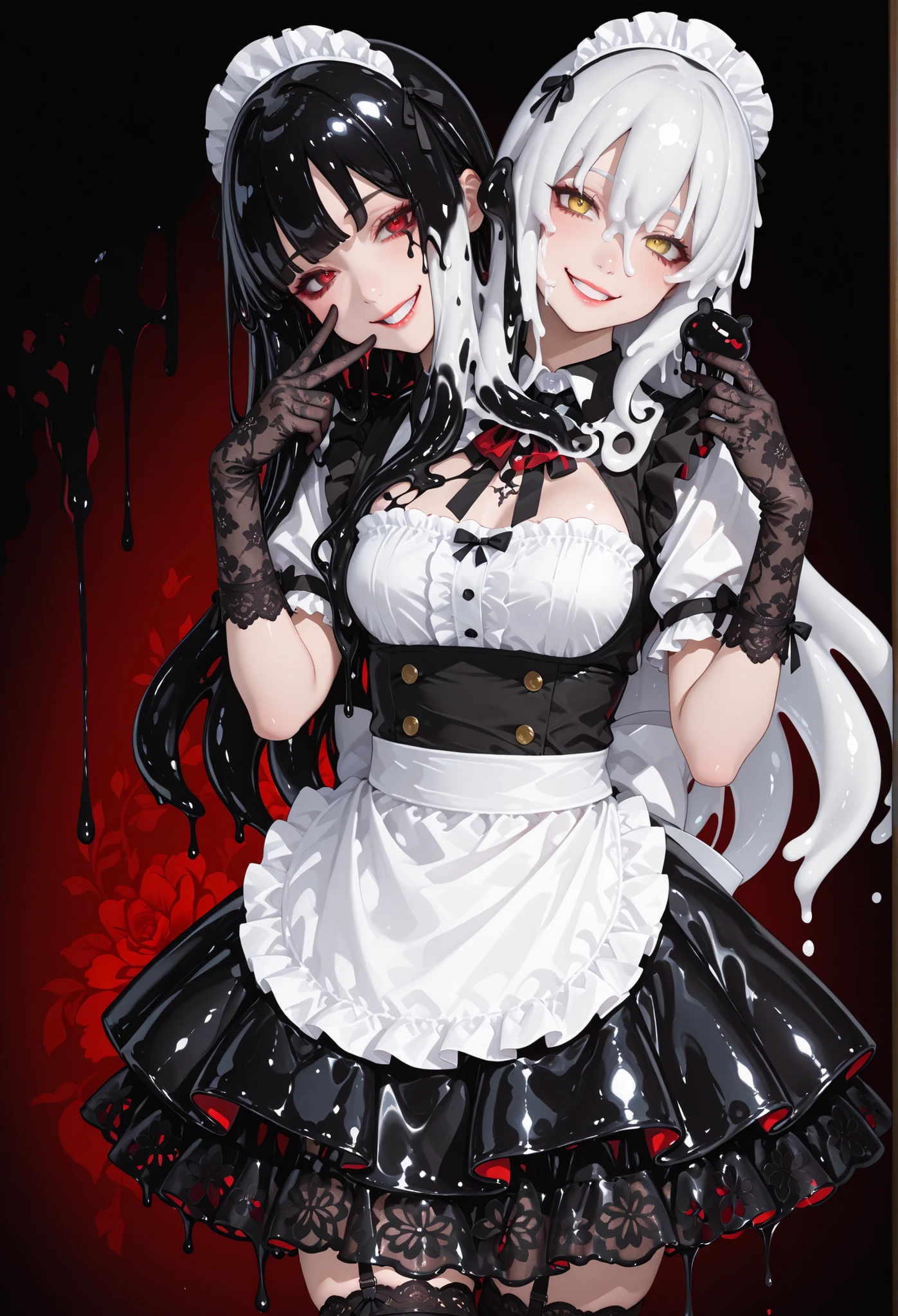 Twin-headed girl. (White hair. Red eyes. Sarcastic smile.) (Black hair. Yellow eyes. Suspicious expression.) Maid outfit. Slime girl. Melting skirt. Black slime dripping. Black lace gloves.