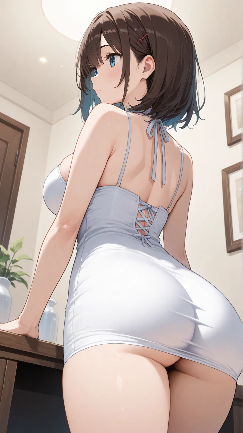 Girl with a necklace and big breasts and an extremely short white tube dress with a towel and sexy with converse on the back and with a large opening in the dress while showing her ass without panties.