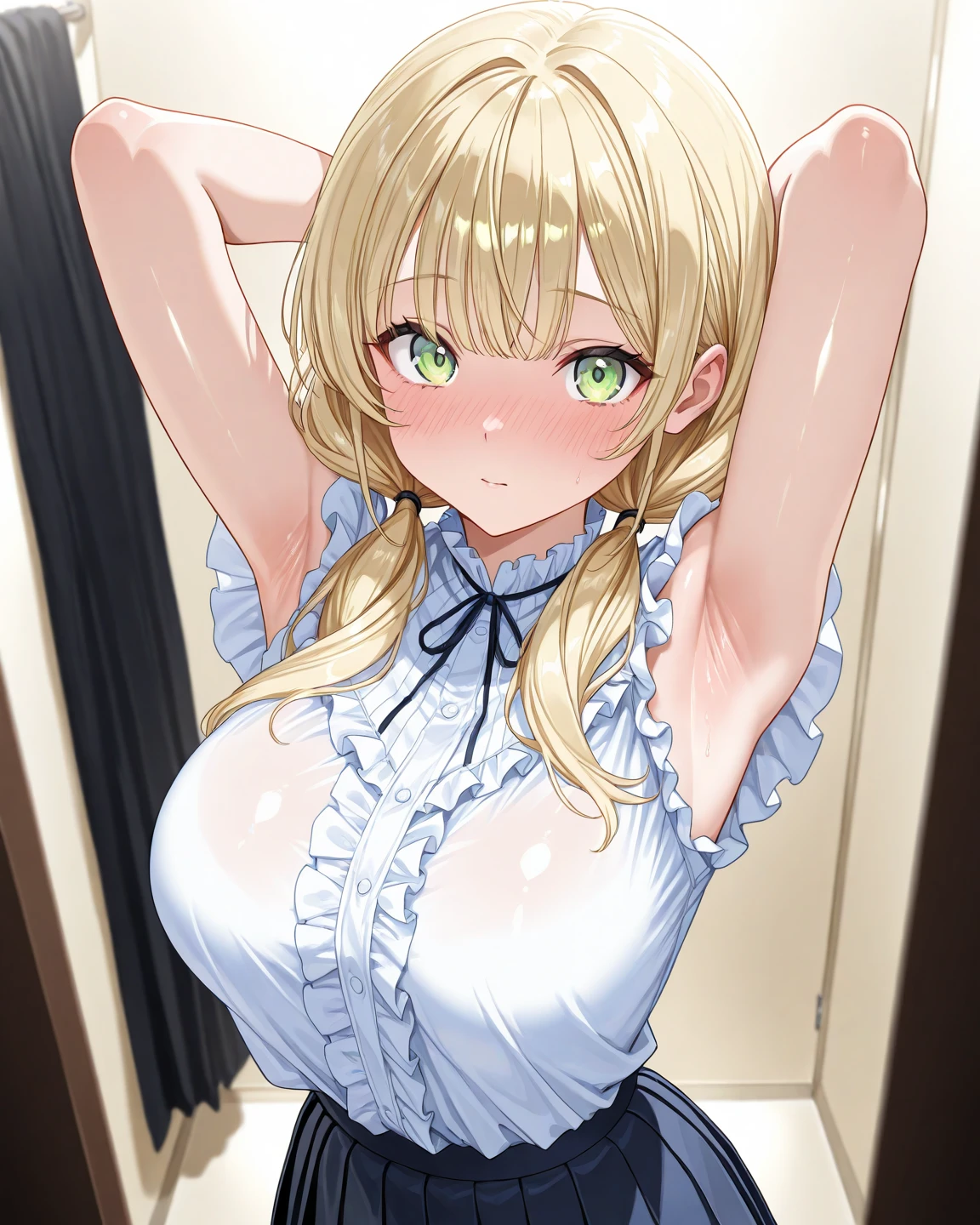 portrait、school uniform、bright look、ponytail、young光沢のある光沢のある白い光沢のある肌、the best beauty in the world、bright blonde hair with dazzling highlights、very beautiful shiny bright blonde hair、Very beautiful super long silky straight blonde hair、Sparkling crystal clear charming big pale blue eyes、とても美しくて素敵なかわいい9 years oldの女の子、big and full breasts、small face beauty、cheek gloss、round face, very wet clothes, very wet clothes, transparent bust top,spread your legs,transparent nipples,Wet and transparent clothes,young,9 years old,erect nipples, small breasts, small breasts,