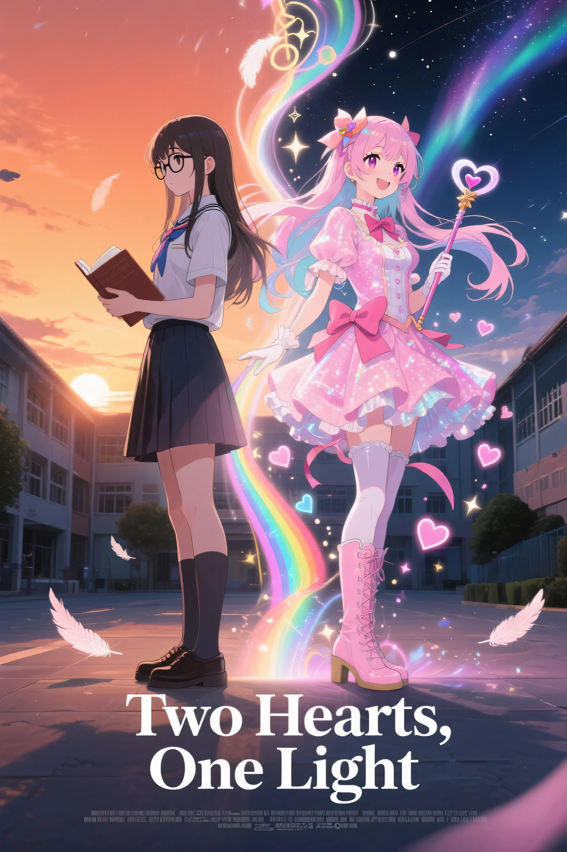 anime-style, cinematic poster composition showing two versions of the same character standing back-to-back, one side shows a quiet schoolgirl with glasses, tidy long hair, holding a textbook, wearing a clean school uniform, standing calmly with a thoughtful expression, set in a school courtyard during a warm orange sunset, the other side shows her transformed into a radiant and overly sparkly magical girl with a slightly masculine build, wearing a frilly pink dress with oversized ribbons and thigh-high boots, long flowing pastel-colored hair, exaggerated makeup, and a heart-shaped magic wand, smiling brightly, surrounded by swirling sparkles and glowing hearts, set in a dreamy magical dimension at night under a starlit sky and aurora, between them a vertical transformation effect made of swirling rainbow light, floating feathers, and magical symbols, cinematic lighting, dramatic shadows, title text at the bottom in bold serif font: “Two Hearts, One Light”, movie poster layout, ultra-detailed, 4K resolution, best quality