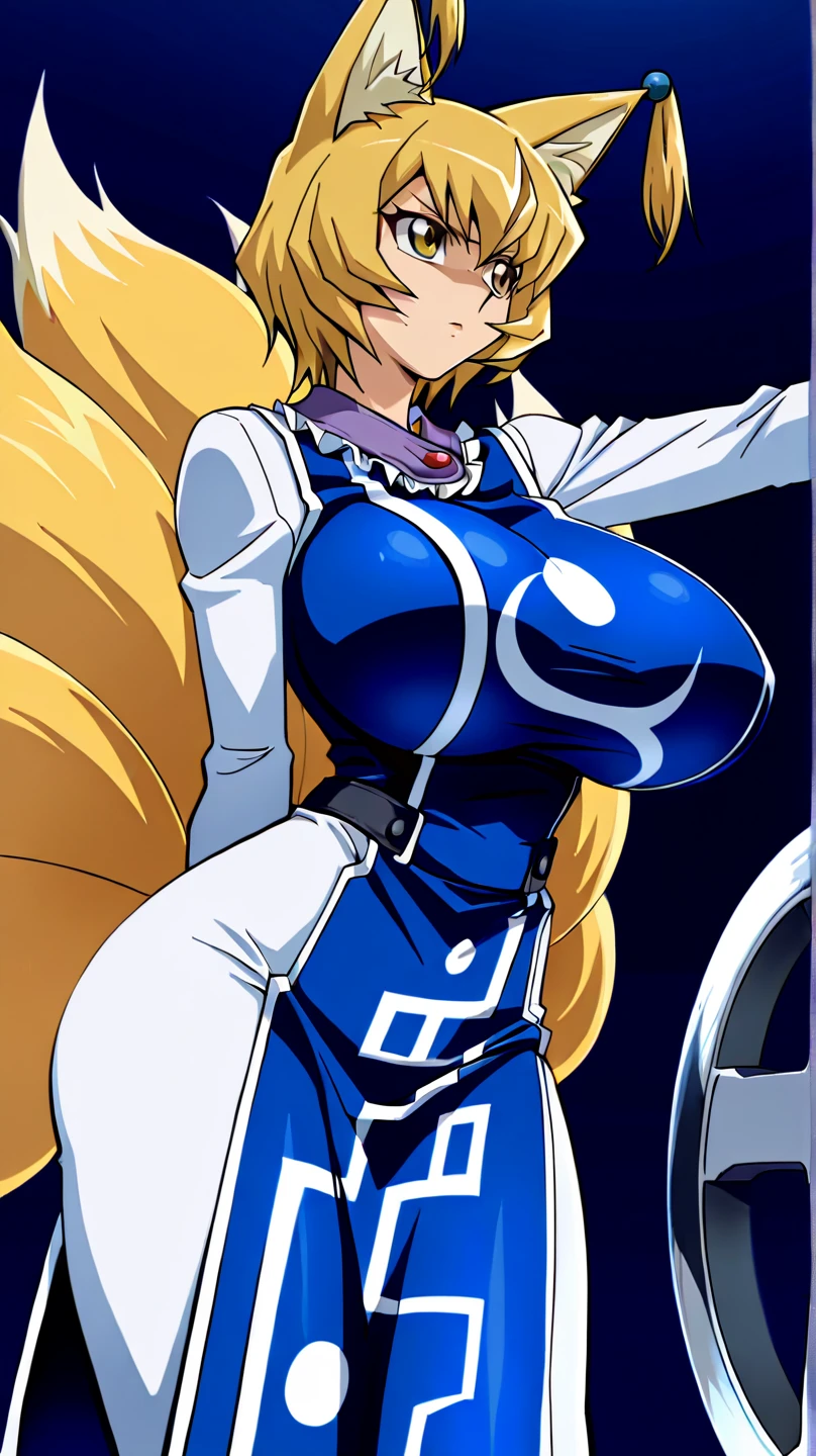 masterpiece, best quality, extremely detailed, 1girl, mature female, solo, torino_kazami, (white skin:1.8), (gigantic breasts:1.3), (((white hair, very long hair, crossed bangs, purple eyes, slit pupils, wolf ears))), parted lips, (((fortified_suit, green plugsuit))), naughty smile, (closed mouth), ((arms behind head, sitting on the bench, dystopian city))
