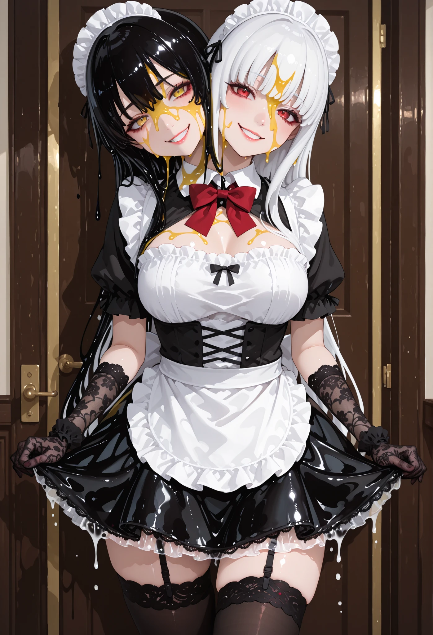 Twin-headed girl. (White hair. Red eyes. Sarcastic smile.) (Black hair. Yellow eyes. Suspicious expression.) Maid outfit. Slime girl. Melting skirt. Black slime dripping. Black lace gloves.