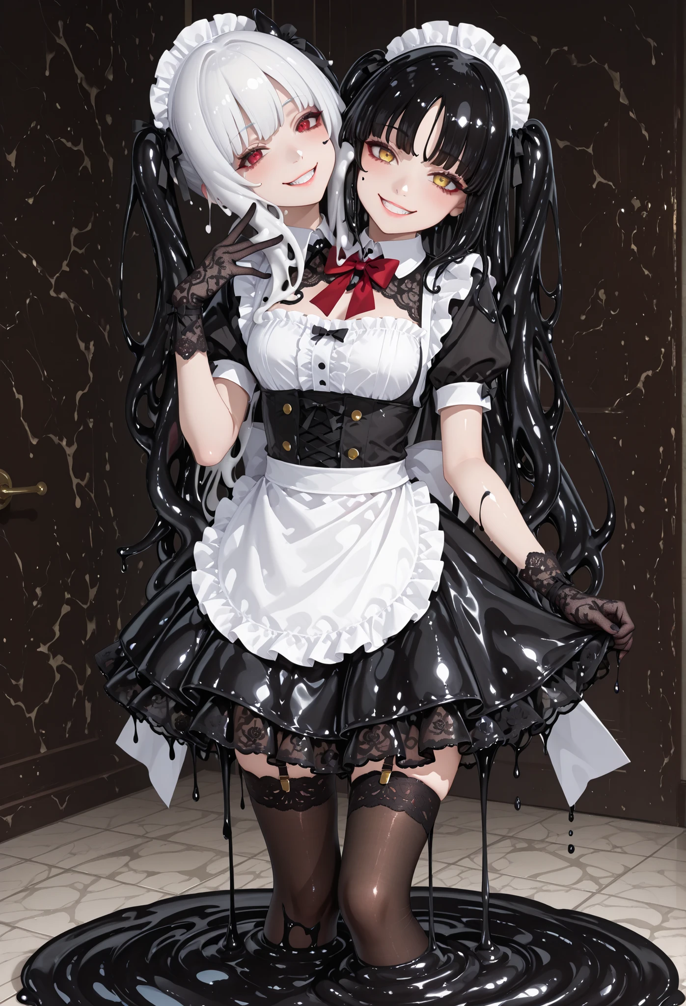 Twin-headed girl. (White hair. Red eyes. Sarcastic smile.) (Black hair. Yellow eyes. Suspicious expression.) Maid outfit. Slime girl. Melting skirt. Black slime dripping. Black lace gloves.