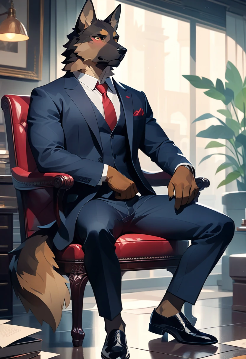 solo, male, brown and dark brown german shepherd, toned body, (dark gray jacket suit with red necktie, tight pants, thick bulge, brown shoes), (massive bulge), (Full Body Focus), sitting on a fancy chair, (showing his brown shoes, close-up on his shoes), smile, angry expression, looking at viewer, high detailed, masterpiece, dark blue background, by Meesh