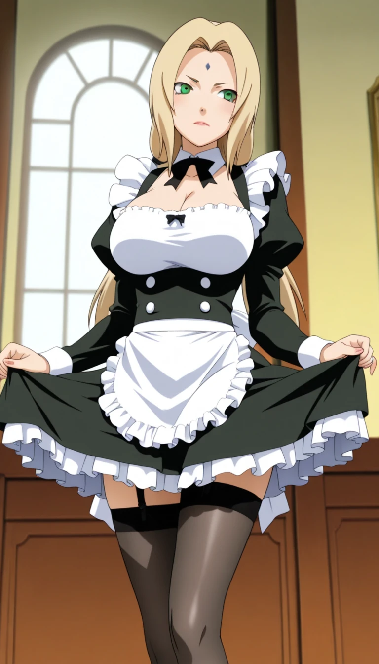 lumine \(genshin impact\), adult, tall, long messy hair, cute sulk expression, big breasts, maid uniform, cleavage, Black denier 20 tights, leather shoes, colorful abstract geometrical shapes print, detailed clothes texture, BREAK, 1girl, masterpiece, standing, looking at viewer, indoors,