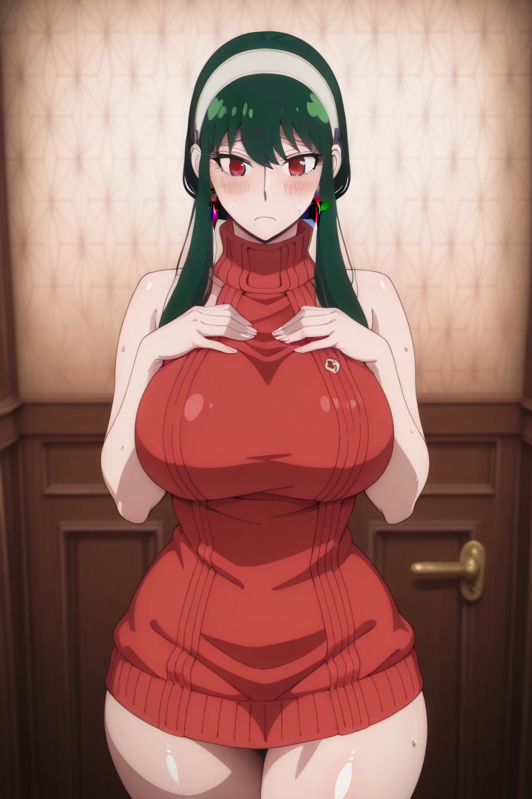 An anime-style artwork depicting yor from the anime spy x family
Tags: Yor Forger, black dress, holding, black hair, weapon, high heels, thighhighs, red eyes, two-sided fabric, high heel boots, boots, hair ornament, flower, two-sided dress, fingerless gloves, black gloves, hair flower, black footwear, gold rose, bare shoulders, black thighhighs, gold hairband, rose print, earrings, sleeveless, sidelocks, looking at viewer, bare shoulders, standing, earrings, short hair with long locks, jewelry, closed mouth, bangs, anime, detailed eyes, detailed lips, ass, 1girl, red eyes, (black hair:1.1), solo, huge breasts, smiling expression, intense gaze, dynamic pose, indoor, palace, vibrant colors, digital art, high-resolution, professional quality, gigantic breasts, cleavage), curvy, cowboy shot, (gigantic breasts: 1.4),
