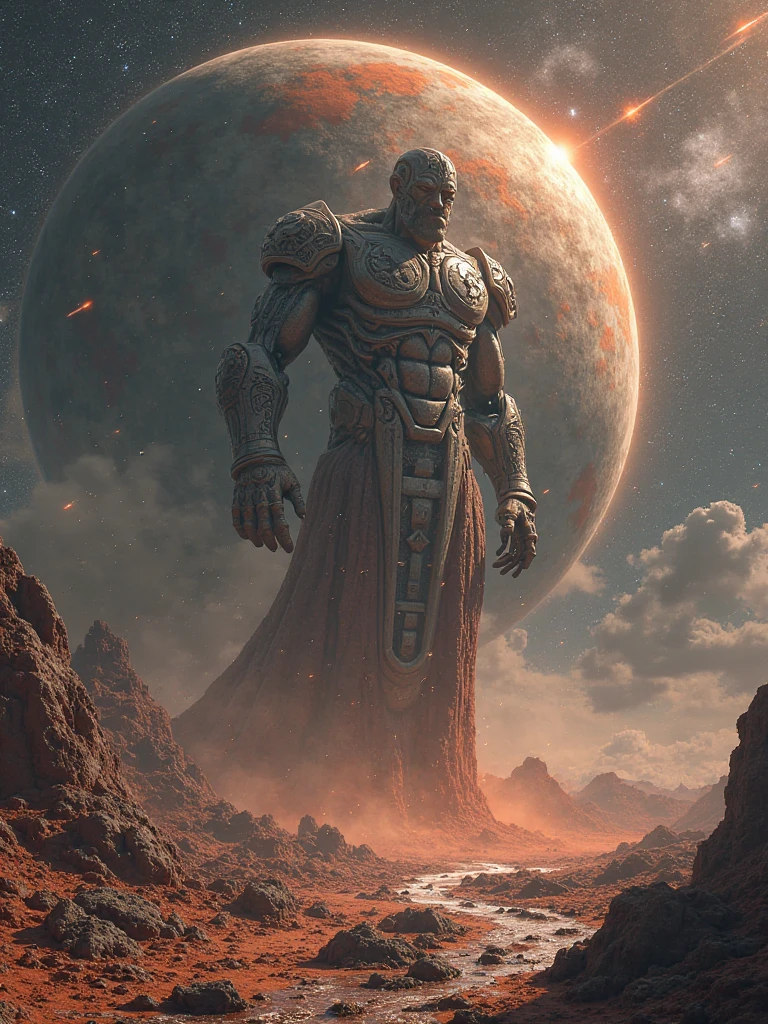 draw the most powerful character in the multiverse his arms and legs are holding the earth his right hand is holding the sun under his feet he is a huge galaxy around him are countless stars universe planet he is wearing a cool jacket with tattoos shirtless 6 pack