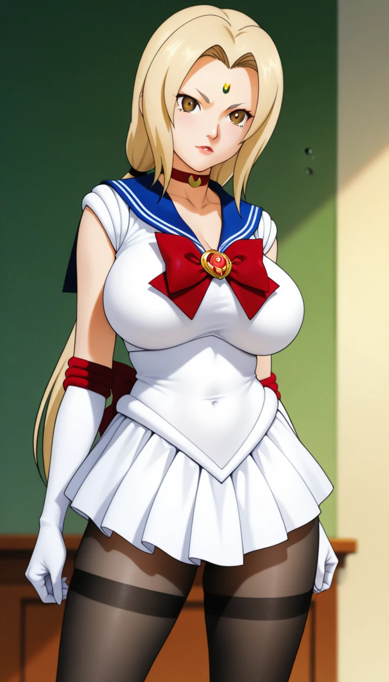 High resolution,  Sailor Moon, anime, masterpiece, 1girl, ((bimbo))), sexy face, blue eyes, blond hair, double buns, long twintails, puffy lips, painted lips, thick lips, wide hips, thick thigh, enormous fake breasts, huge round ass, shiny skin, parted bangs, hair ornament, circlet, jewelry, earrings, choker, underboob, red bow, white elbow gloves, blue skirt, sailor senshi uniform, oily skin, bossy, picture from below,