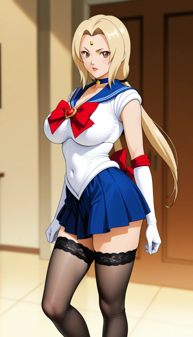 High resolution, sailor moon, anime, masterpiece, 1 girl, ((slut))), sexy face, blue eyes, blonde, double buns, long twin tails, swollen lips, painted lips, thick lips, wide hips, thick thighs, huge fake breasts, huge round ass, shiny skin, parted bangs, hair ornaments, circlet, jewelry, earrings, choker, See-through, red bow, white elbow gloves, blue skirt, sailor warrior uniform, oily skin, bossy, photo from above,