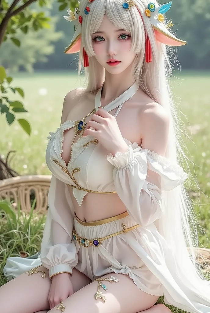Realistic, Photorealistic, (masterpiece:1.5), dynamic pose, best quality, highres, (realistic face:1.5), (hyperrealistic:1.1), 4k, 8k,
(1girl), 20 years old, princess, young, beautiful, (full_body:0.8), (shiny skin:1.2), slender, (white skin:1.2), perfect body, long hair, shiny hair, (hairstyle), hair ornament, (detailed face), perfect eyes, glowing eyes, perfect breasts, (covered nipples:0.5), (cleavage), (navel), (midriff), (thighs), jewelry, tiara, cross necklace, bracelet, ruby, diamond, sapphire,
(magic:1.2), (white cleric clothes:1.5), (white top), (white skirt:1.2), (white thighhighs:1.2), (slutty clothing: 0.1), (holy light),
(looking at viewer:1.2), erotic,
(extremely detailed background), (dynamic background), detailed background, (outdoors background:1.3), (blurry background:0.2), red carpet, altar,
<lora:Fashion_Girl:0.2>, <lora:Dpep:0.2>, <lora:Gelata-ArtStyle:0.5>