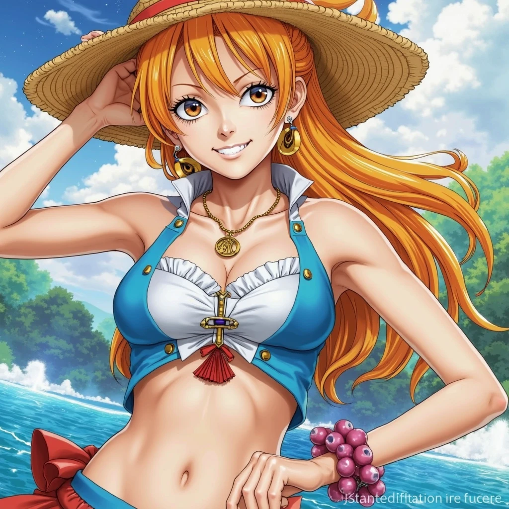 a woman in a bikini and hat standing on a beach, nami one piece, 