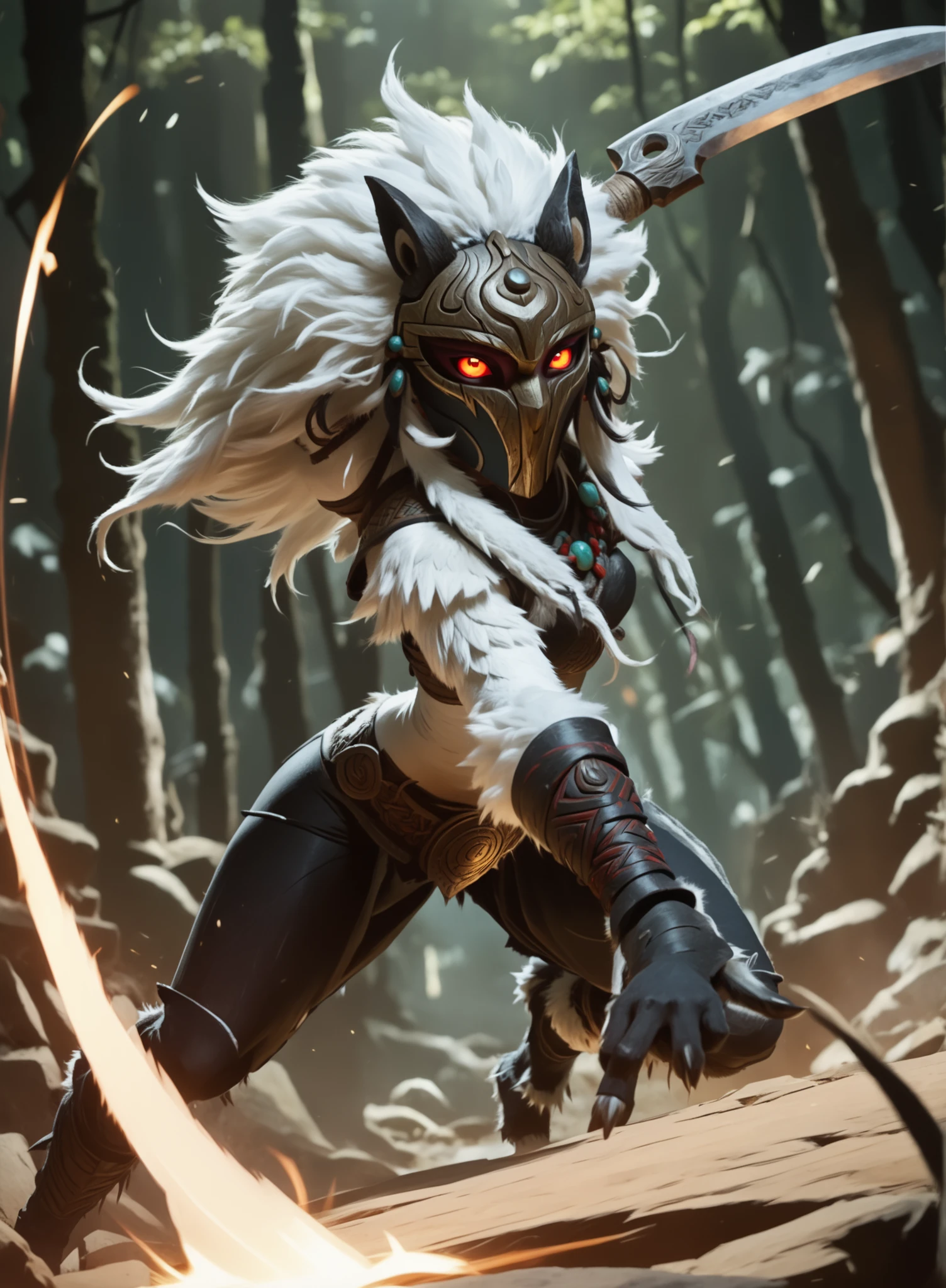 Serious expression. Slender and athletic white furry body. Thick body fur. Entire body is covered in white fur. White fur. Aztec Lamb from Leage of Legends. Asian red eyes and dreadlocks. Wooden mask. Cute. Her white body is athletic with abs. She has black hooves and black claws. Background: medieval jungle ruins. Realistic lighting. DnD art-style. Looking at the viewer. Swinging a sharp butcher's blade.