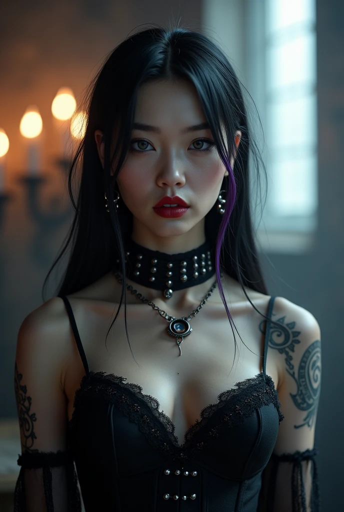 Highest quality、、masterpiece:1.3、Gothic Punk、Red on the inside、Gray Black Hair、hair ornaments、beautiful girl、creative、Punk Shirt、Neogoth、Goth Fashion:1.2、High resolution、masterpiece、Highest quality、頭w:1.3、((Hasselblad Photos))、Fine skin、Sharp focus、(Cinema Lighting)、Explore Tokyo'The city at night beyond the neon lights, Forehead open, 17 years old、Petting'Hair back、Shoulder Bare、Small red rose tattoo on the décolletage、Just one tattoo