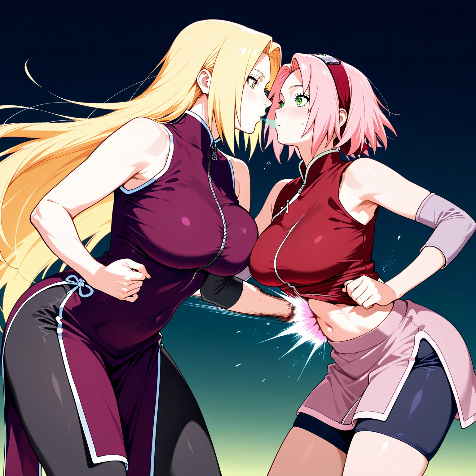 A fully transformed bimbo version of sakura haruno,1girl,2guys,lewd sex scene ,creampie,slut,free use,public sex,doggystyle, blowjob,cum leak,facial,naruto art style,anime style