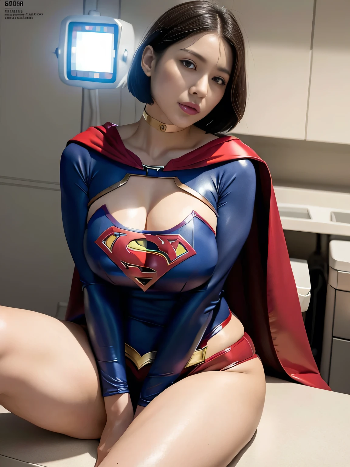 masterpiece,Supergirl Costume, short-hair, bare-legged, large full breasts,surgery room、Operating table、straddle、depraved、shiny、Looking at the camera、seduces、a choker、Too short miniskirt、Plump、Belly out