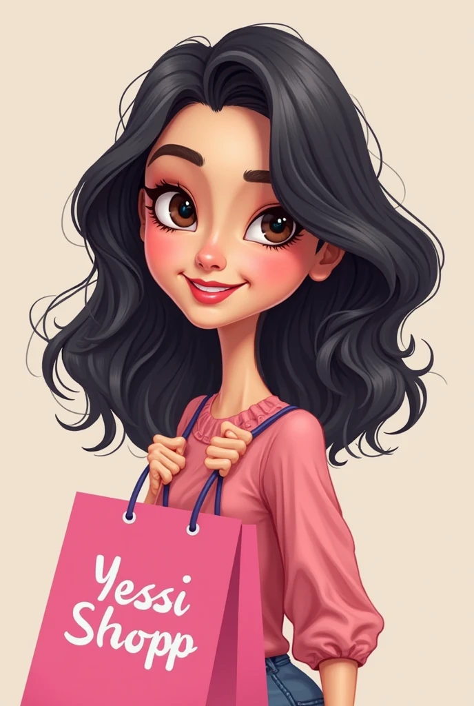 A brunette woman, short side hair, with rectangular purple glasses, medium hoop earring, smiling and winking. Brown lipstick and discreet makeup, carrying shopping bags in hand