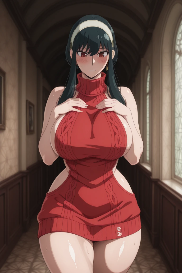 An anime-style artwork depicting yor from the anime spy x family

Tags: Yor Forger, holding, black hair, (chinese dress:1.1), miniskirt, hairband,  sidelocks,  looking at viewer,  bare shoulders, standing,  earrings,  short hair with long locks, jewelry, closed mouth, bangs, anime, detailed eyes, detailed lips, ass, 1girl, red eyes, (black hair:1.1), solo, huge breasts, smiling expression, intense gaze, dynamic pose, indoor, palace, vibrant colors, digital art, high-resolution, professional quality, gigantic breasts, cleavage), curvy, cowboy shot, (gigantic breasts: 1.4),