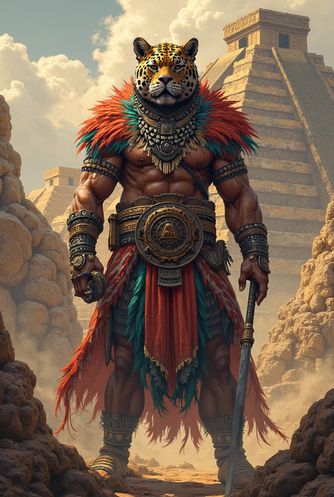 Generates an Aztec jaguar warrior carrying a bag of cement to promote cement company