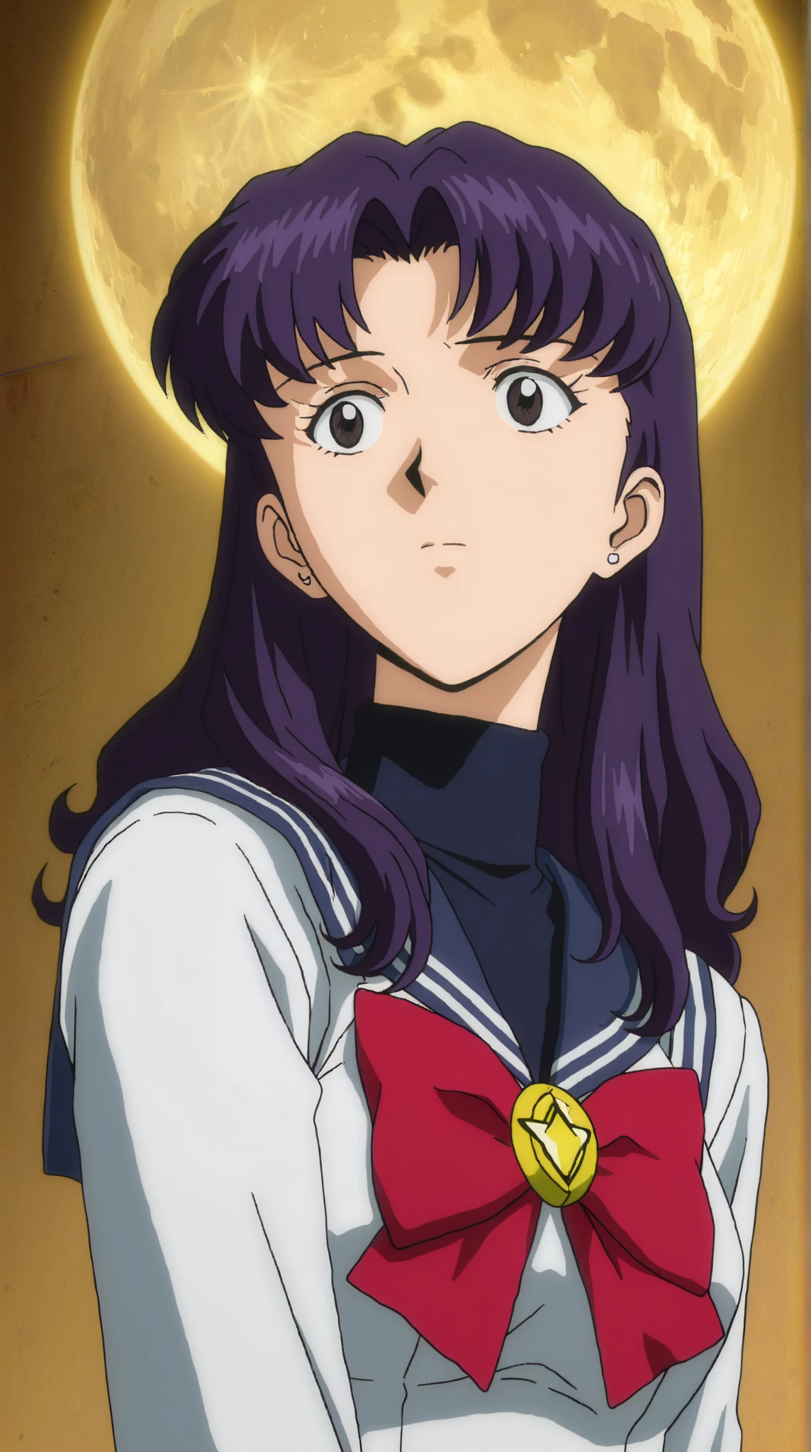 masterpiece, best quality, highres, very aesthetic, very awa, newest, amazing details, intricate details, ultra detailed, anime screencap, katsuragi misato, 1girl, purple hair, long hair, turtleneck,wearing a Sailor Moon's Sailor Uniform,bacground is Full moon