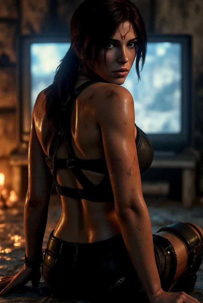 Claire in stocks pose,full body with cuffs, wearing a jeans and tank top,