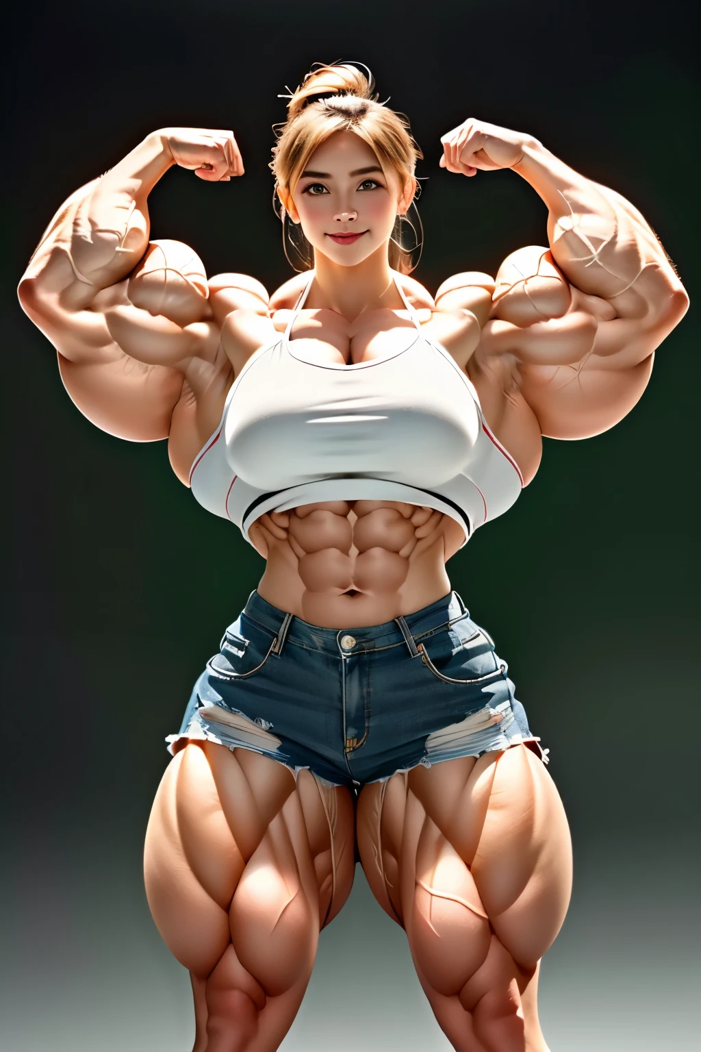 ((Masterpiece)), ((Best Quality)), (Pretty Korean girl),(crop top),(Super Huge :1.25), ((NSFW)), (((accurate anatomy))), (((Huge breasts))), ((long legs)), ((wide hips)), ((((Muscular Legs)))), (((Massive Female Bodybuilder))), (((((Huge Muscles)))))
