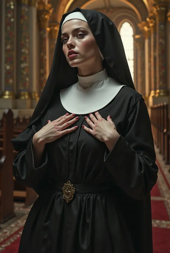 weird unusual angle full shot of a harness Satanist nun, red lips, dim light, natural backlighting, dark smoky convent room, brutalist, cement, concrete, haunted sinister expression, slightly parting lips