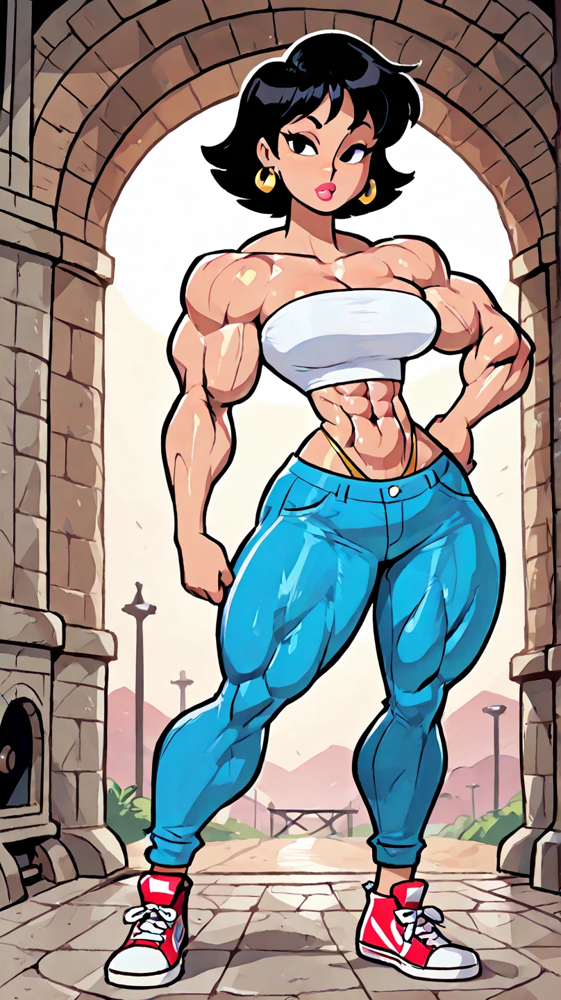((Masterpiece)), ((Best Quality)), ((Solo)), ((alone)), ((1girl)), (((accurate anatomy))), (((Huge breasts))), ((long legs)), ((wide hips)), ((((Muscular Legs)))), (((Massive Female Bodybuilder))), (((((Huge Muscles))))), beautiful, slacks, tube top,black hair, porcelain skin tone, gigantic breasts, highly detailed, masterpiece, slendered abs, puffy lips