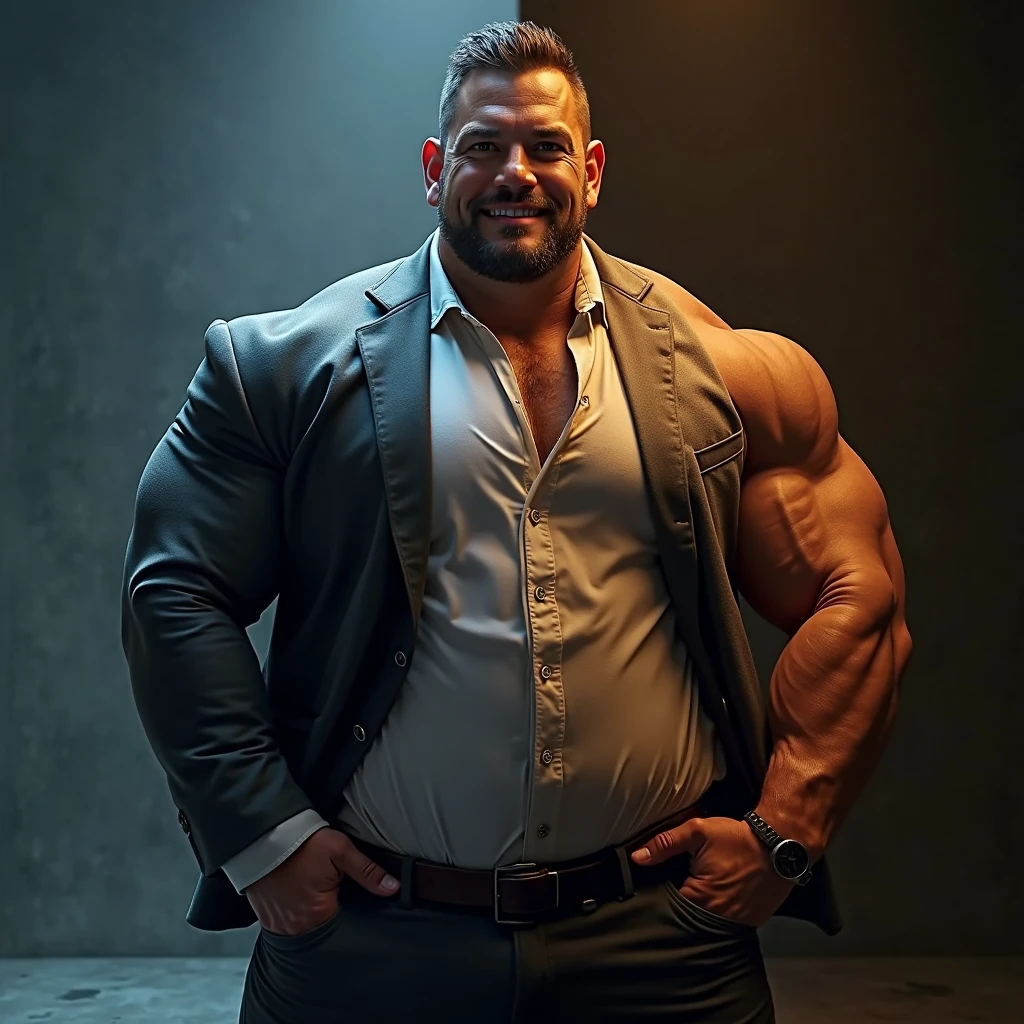 A male hulking figure, towering over most people with a massive build.His body is covered in bulging muscles, emphasizing his strength and power.The defining feature of the Man is his extraordinarily large posterior, which seems almost out of proportion with the rest of his body.