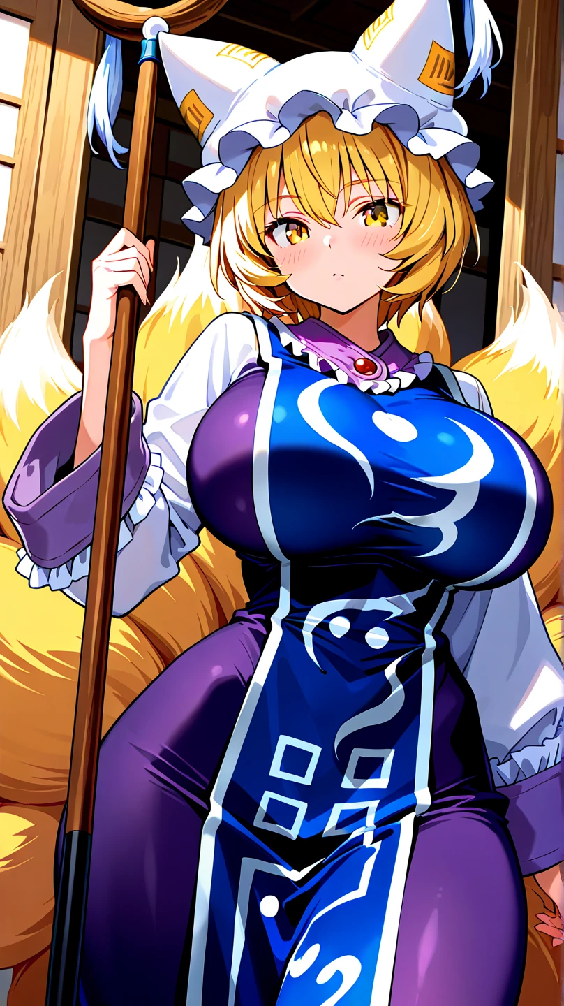 (((((Solo))))) Girl with light blonde hair in a ponytail with bangs, smiling, facing camera, blue eyes, large chest,wearing blue kimono, cooking, cleavage, sitting at a wooden table, beautiful eyes, detailed hands, full lips, best quality, (fortune teller), wearing golden earrings, wearing a golden necklace, holding an orb, horizon, tarot cards