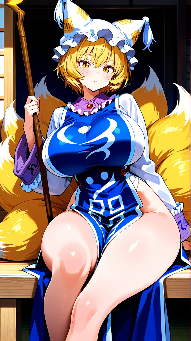 Highest quality、High resolution、Super detailed、masterpiece、Anatomically correct、(fox girl:1.1),fox ears, yellow eyes, fox tail,multiple tails, blue hakama,hakama skirt, japanese clothes,open clothes kimono,wide sleeves,Blue Kimono, hair ornament, hairclip,long eyelashes,dropping eyes,black long wavy hair,gigantic breasts,lactation,seductive smile,ahegao, blush, sweat, open mouth, rolling eyes, tears, tongue out,milking、outstretched arms,m legs,tentacle pit,full body