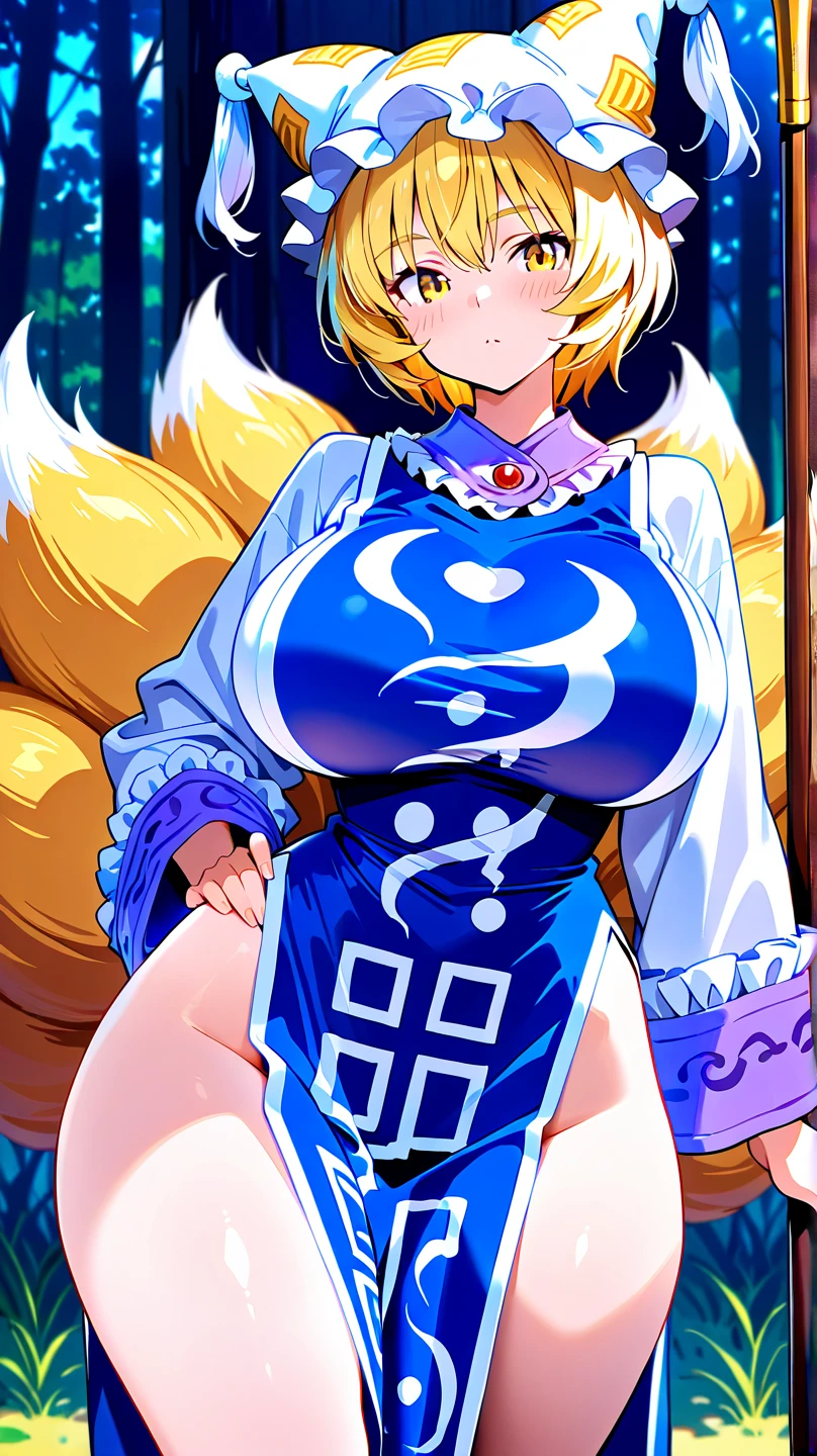 (masterpiece, best quality), best quality, (ultra-detailed), (3heads:1.5), 1girl, (yakumo ran:1.3), masterpiece, best quality, ultra quality, ultra resolution, ultra detail, blue top, crop top, ((stomach)), midriff, ((groin)), blue skirt, normal ears, shackles, blonde hair, very long hair, wavy hair, sidelocks, yellow eyes, detailed eyes, parted lips, single horn, sweat, cute, toned belly, hand on own chest, eyelashes, (25 year old woman:1.3), (masterpiece:1.5), (best quality:1.5), (beautiful detailed extremely detailed CG, extremely delicate and beautiful, depth of field, (finely detailed face), (perfect details:1.2), (mature female:1.3), wide pelvis, slender, large veiny breast, 16k resolution, highres, high quality, high definition, extremely detailed, masterpiece, blonde hair, long hair, alluring presence, braid, short skirt, close up, big tits, young, bob cut, fox ears, fox girl, fox tail, multiple tails, frilled hat, hat, girl with three heads, 
