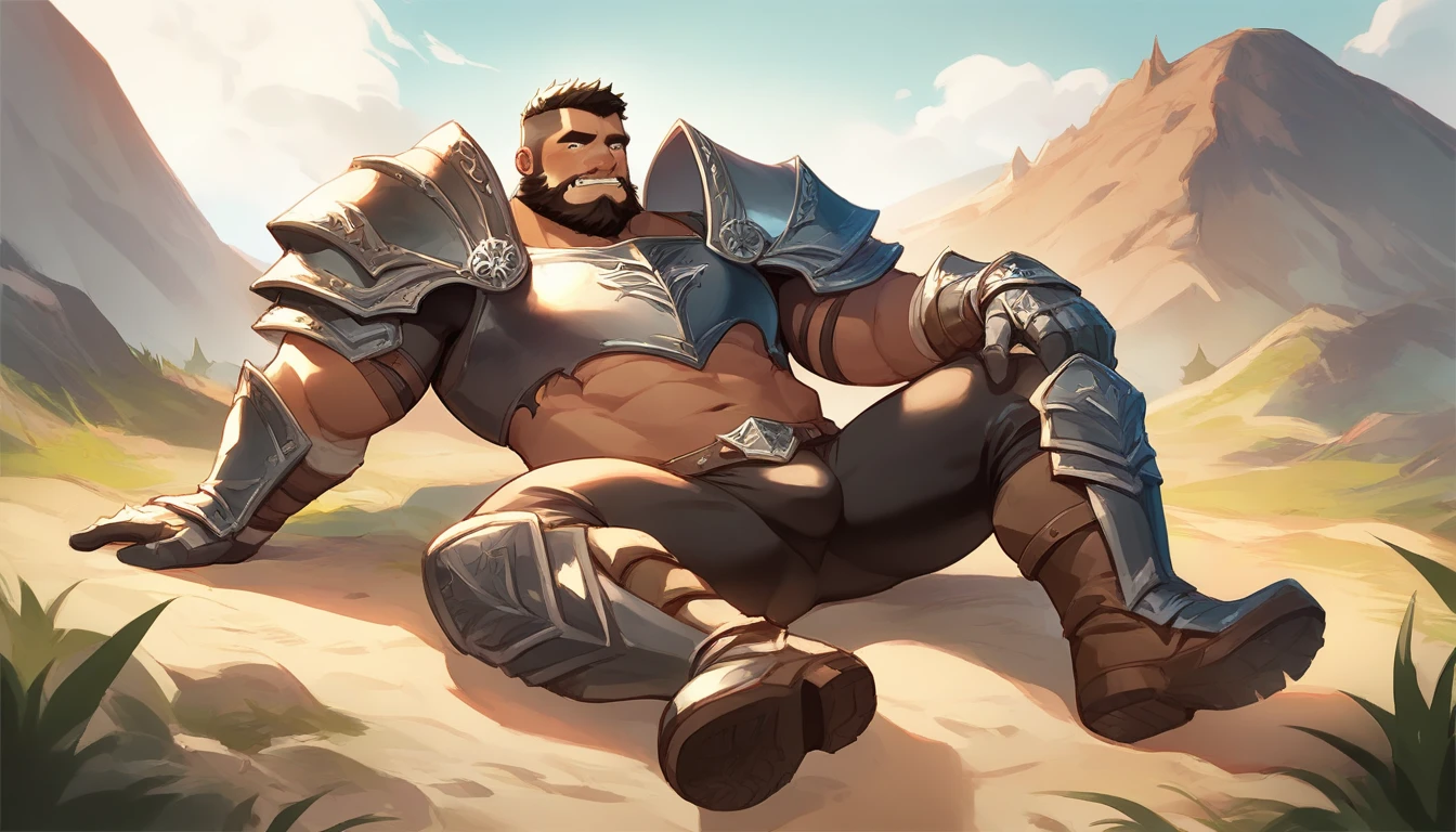 score_9, score_8_up, score_7_up, solo, male focus, chubby male, orc, green skin, tusks, beard, outdoors, micro armor , shoulder armor, breastplate, upper body , pauldrons, day, boots , (( black tight shorts )) , full body , laying spread legs , His body was wet with cum