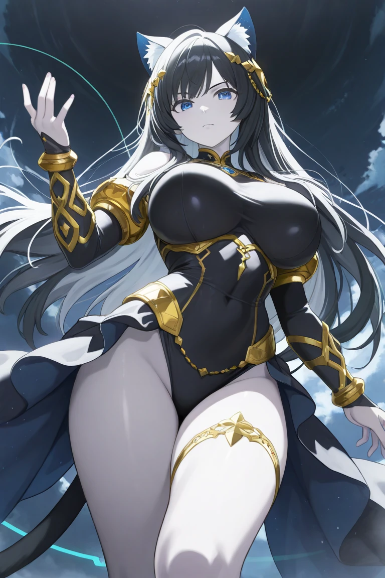 score_9, score_8_up, score_7_up, score_6_up, BREAK source_anime, best quality, masterpiece, 1girl, solo, nowi feh, white clothing, two-piece bodysuit, silvery shining bodysuit, midriff, long blue hair, yellow-eyes, circlet, black cape, big breasts, black gloves, white multiple belts, garter straps, thighhighs, black thigh boots, expressionless, looking at viewer, night sky, post-apocalypse, crumbling city on background, late night, moon, dark alleyway, detailed face, upper-body,