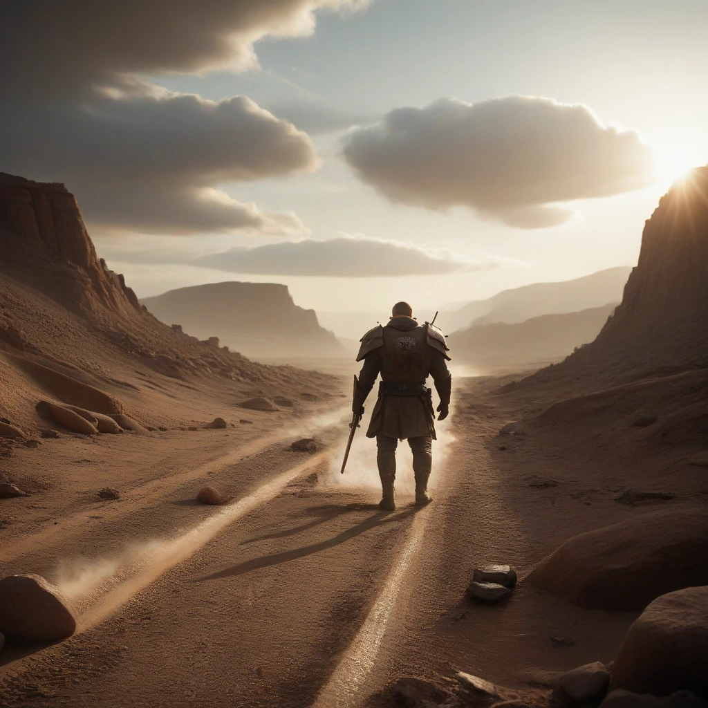 Make a proud warrior looking at the sky with his destroyed armor desert scenery