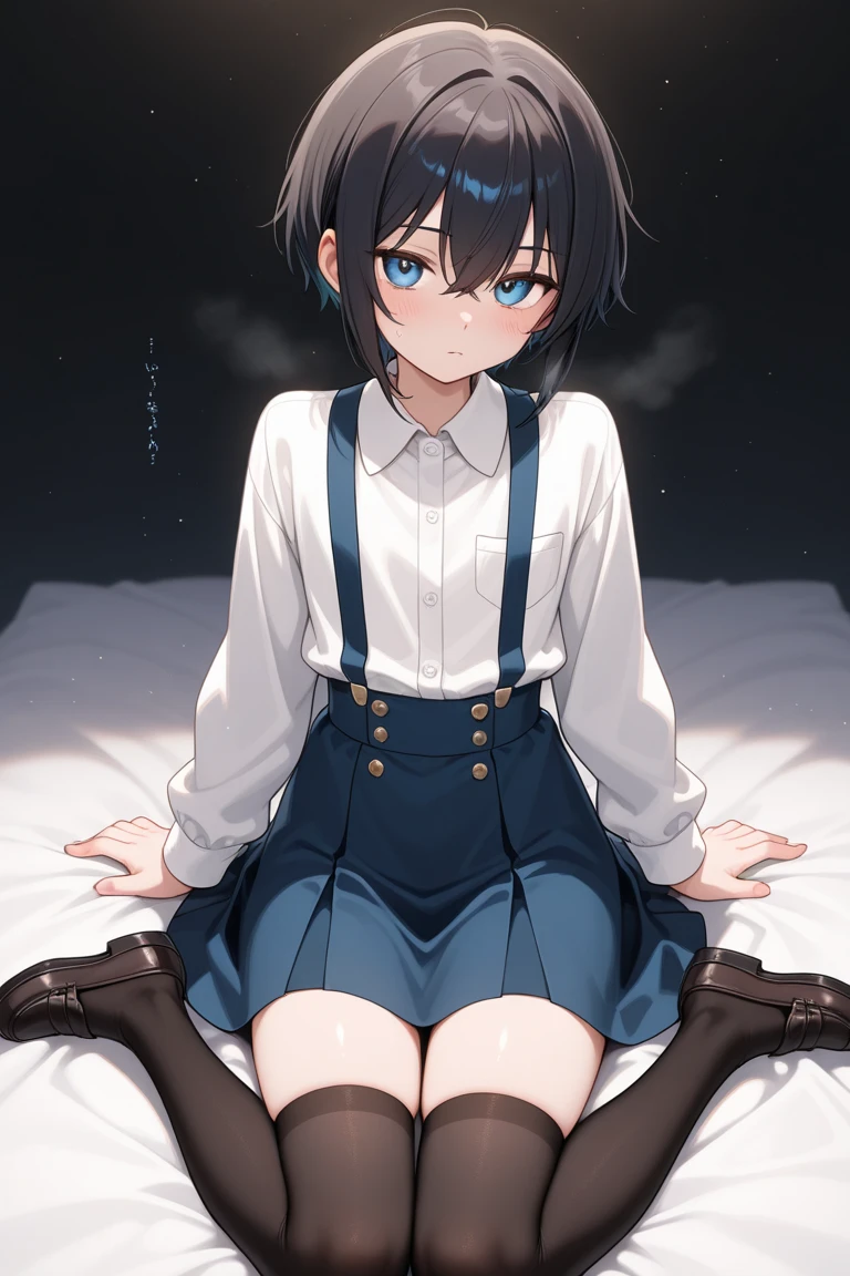 ((masterpiece:1.4, best qualit:1.4, high resolution:1.4, bright colors, vibrant colors:1.2, 4k game cg wallpaper)), <lora:Kaho_V3-10:0.6>, Kaho, 1girl, solo, long sleeves, serafuku, braid, white shirt, glasses, blue eyes, looking at viewer, hands at side, mole, (black pantyhose, pantyhose), pleated skirt, thighs, (expressionless:1.3), seductive, frontal view, feet, (raised foot), <lora:more_details:0.1>, lying in bed, (full body, full body shot), leg bent, foot, (foot focus), separated feet, toes, detailed toes:1.1, five toes, spread legs, feet, foot soles, hands on knees