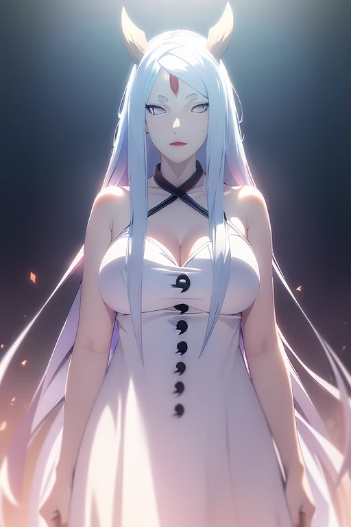 light effect, soft, super clear, high-definition picture, (front), masterpiece, cinematic lighting, Kaguya Otsusuki, white colorless eyes, no pupils, 1girl, solo, looking at viewer, smile, large breast, open shoulder, princess dress