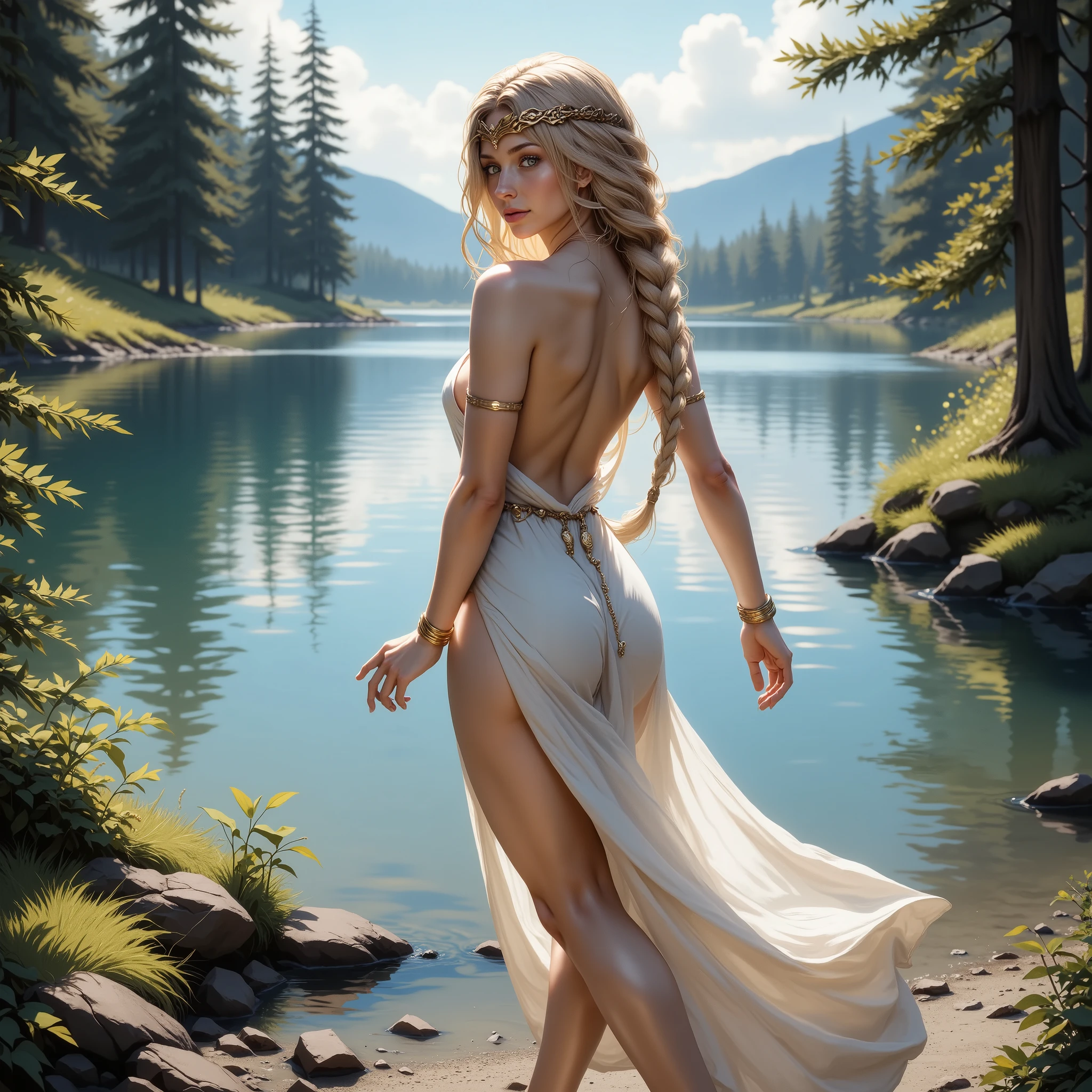 QMarika, ultra realistic photo of a blonde woman with braided hair walking near a lake