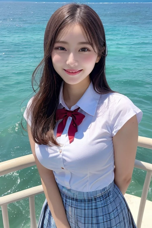 1girl, solo, (uniform), standing, at the beach, face at center frame, beautiful realistic ocean scenery, detailed face, seductive smile, detailed eyes, thick breasts, smooth skin, tight white shirt, grey blue short skirt, looking at the audience, low angle shot,(8k, RAW photo, best quality, masterpiece: 1.2), (realistic, realistic: 1.37), ultra-high resolution