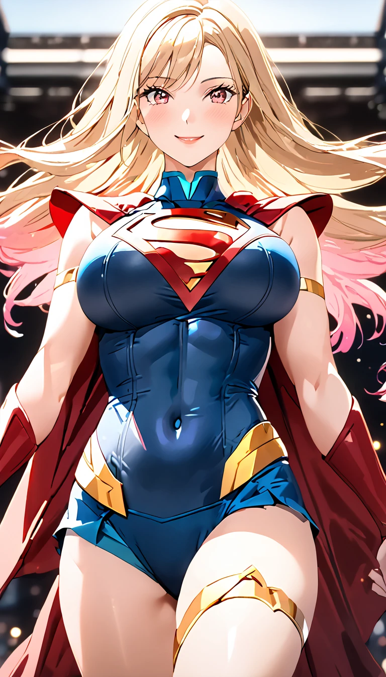 A woman poses for a photo in a Supergirl costume, Blue tights, short red dress, revealing white panties, Long blonde wavy curly hair, huge tit, bared  chest, Dirt and long legs, Fitness model