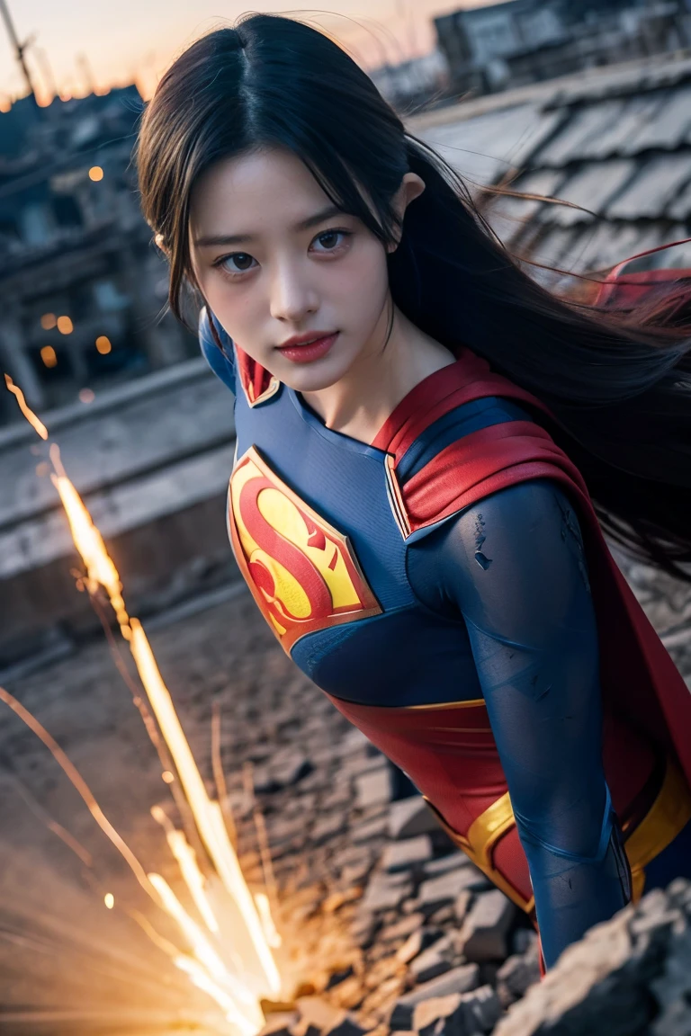 highest quality，masterpiece，Ultra-high resolution, Backwards、turn around、Very detailed, 8k，(Beautiful woman)，(一人のBeautiful woman)，((Crucifixion:1.5))，(((cross)))，(execution)，((incontinence))，Scared，torture，slave，((crossにCrucifixionにされた女性：1.5)),Crucifixion刑，((Supergirl:1.5))，Blue suit，Superman logo on chest，Red Skirt，Red Boots，((Torn Costume：1.5))，((Tearing of clothes：1.5))，(Tattered clothes：1.5)，Beaten face，顔にTraces of being beaten，((Bruises on the body))，Body scars，Facial and body injuries，(Bruise, dirty, Torn clothes, Revealing clothing, Blood:1.3)，Traces of being beaten，Defeated heroine，A ruined world，Remains，ruins，(Burning at the stake)，((Roasted by fire：1.2))，Inflammation，(Inflammationに包まれている)，足下にInflammation