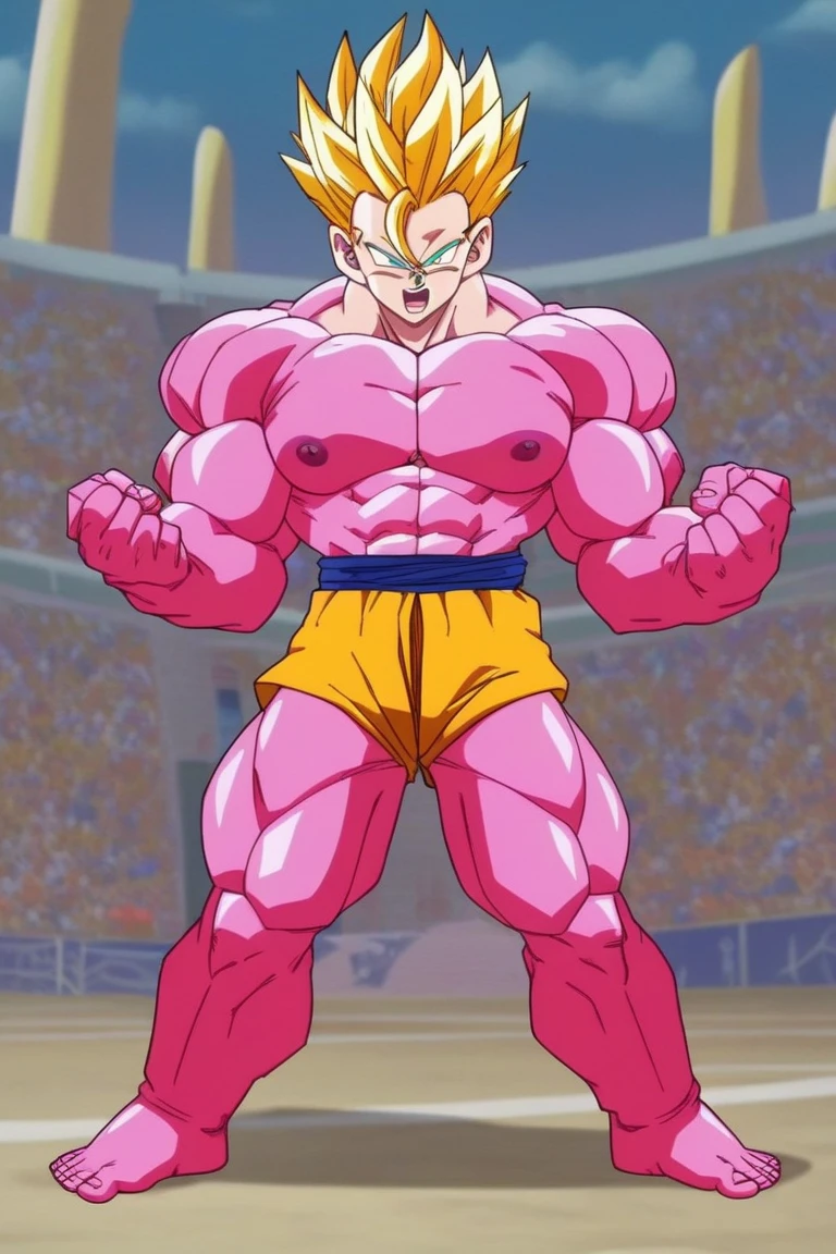 naked , big cock , huge penis ,alone, whole body,whole body,smiling , muscular, huge muscle, big muscles, pectoral muscle , gohan_beast, male focus, 1 chico, for white, full body, pokkuti