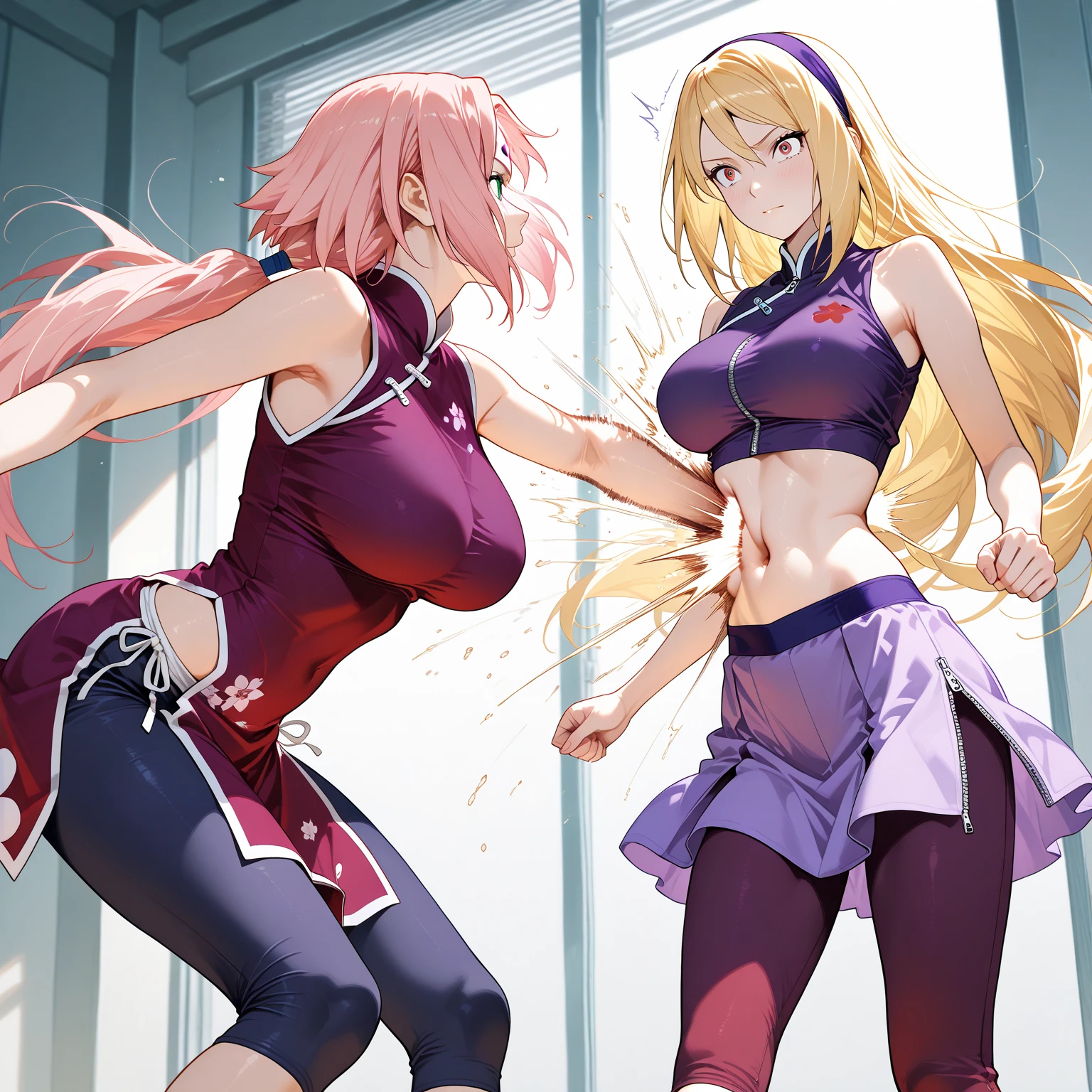 Long light pink haired young petite E-girl, masturbating by fingering herself, clothed with a black skirt, thigh highs, purple tank top, pink panties, cross eyed, tongue out, a few freckles, horny