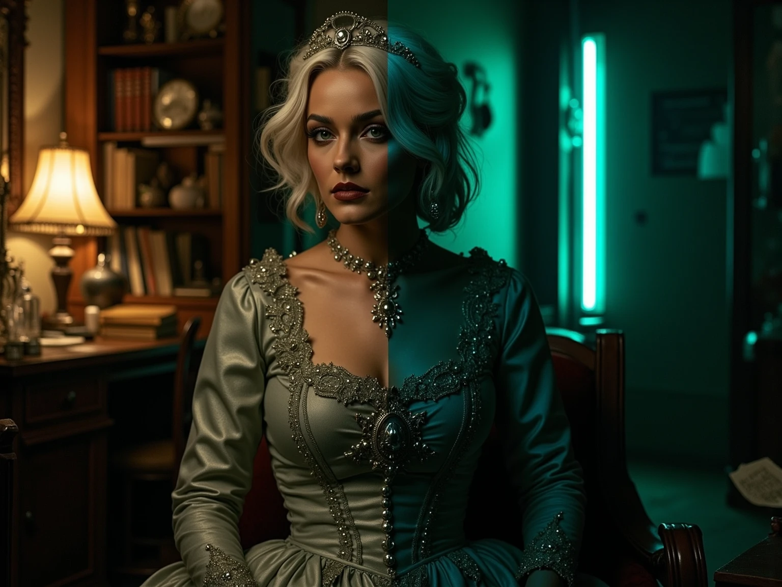 A woman with long white hair,she will wear a sexy dress made entirely of black chains and yellow stripes,I want the background to be something that reminds me of things related to theory. 