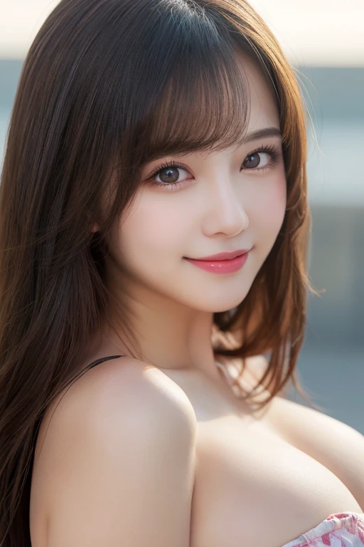 table top, highest quality, figure, super detailed, finely, High resolution, 8k wallpaper, 完璧なダイナミックな構figure, detailed and beautiful eyes, ladies fashion summer,medium hair,small breasts natural color lip, bold sexy pose,smile,Harajuku、20 year old girl、cute、sexy shot looking at camera