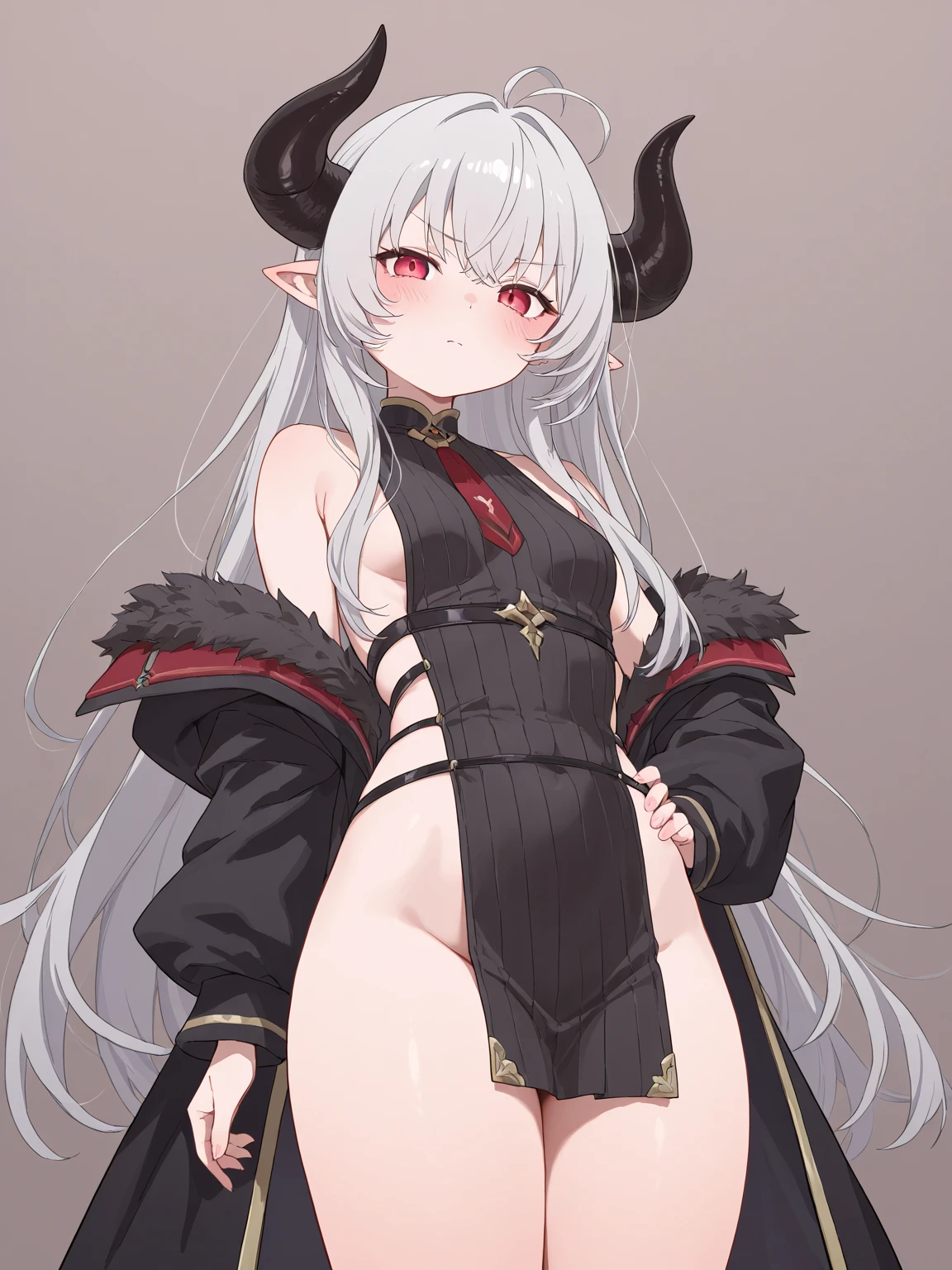 NSFW,A sexy、 Short hair Beastman goat satyr White hair Brown skin Black skin barechested giant electron Leather suit Baphomet Underhair Armpit hairy cute little Red tie around sweaty around neck,((white pubic hair))、steam、masutepiece、、top-quality、droolng、puddles,((Yellow eyes)),((No text)),((Bondage Suit)),((goat horns))