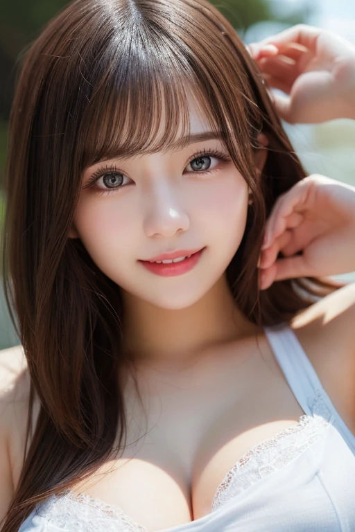 8k,Highest quality,(masterpiece:1.2),(Realistic),(Realistic:1.37),Ultra-high resolution,1 high school girl,smile,((Big Breasts)),Beautiful Eyes,(((Cute Bikini))),Tropical Beach,Perfect body,Perfect Fingers,Professional Lighting,gravure,Detailed face and skin texture,fine grain,RAW Photos