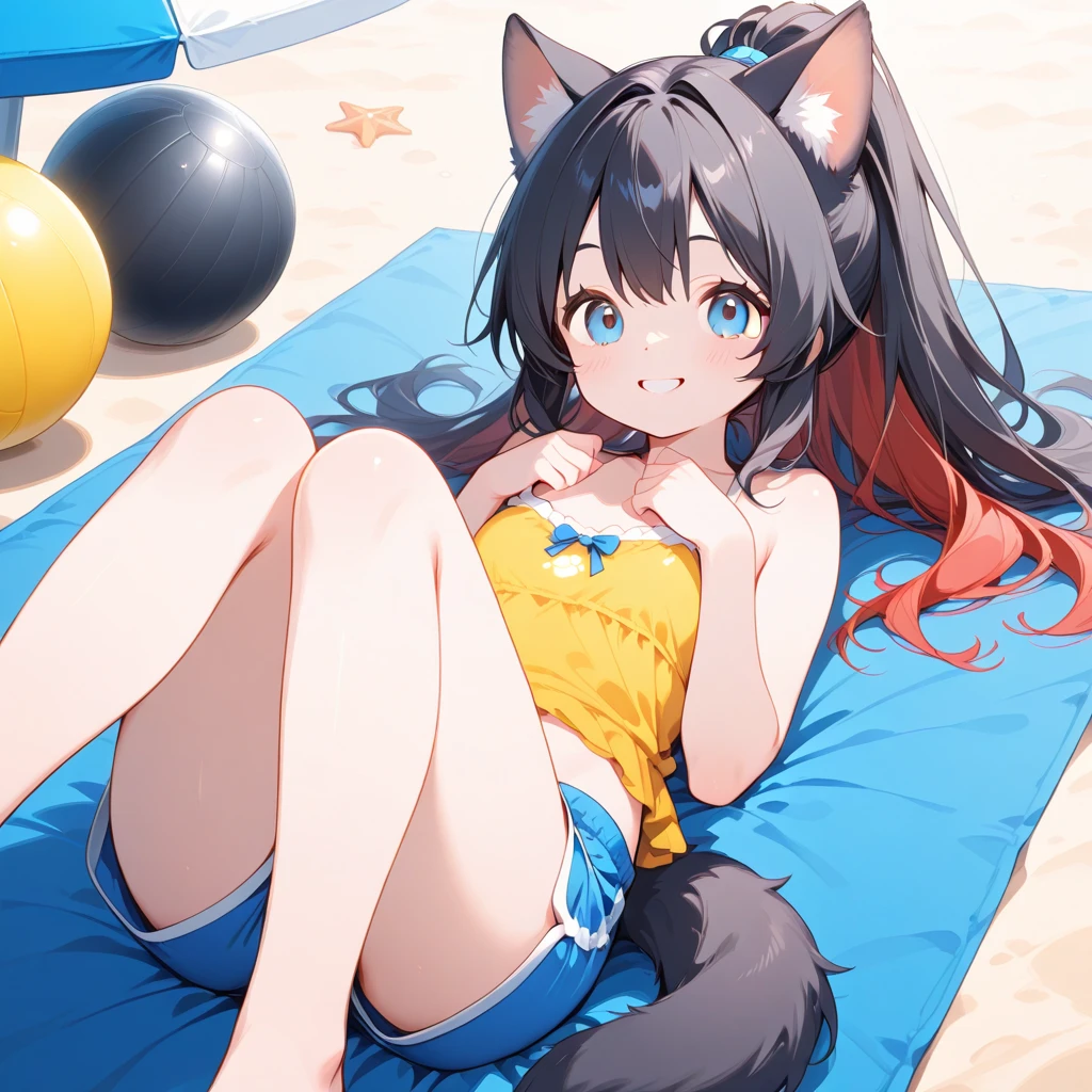 masterpiece,high resolution, shorts, 1 girl, ball, Tail,animal_ear, swimsuit, short_shorts, striped, bikini, fox_ear, alone, fox_Tail, striped_bikini