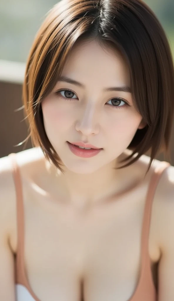 (masterpiece:1.3), (8k, Realistic, RAW Photos, Best image quality: 1.4), Around 50 years old, Japanese women、Cleavage:0.8、Highly detailed face、Attention to detail、double eyelid、Chest to chest、Light brown hair、Short Hair、Sporty hair、highest quality、masterpiece、超A high resolution、(Realistic:1.4)、Highly detailed and professionally lit sleepy look、Casual Fashion、Off the shoulder、Deadly position